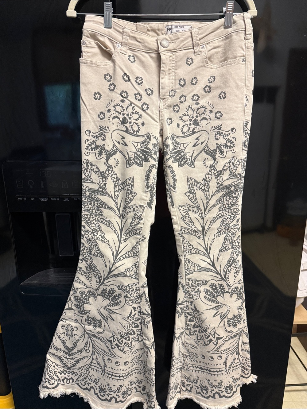 Free People Women’s Embroidered Floral Flare Pants - Cream with Black Print